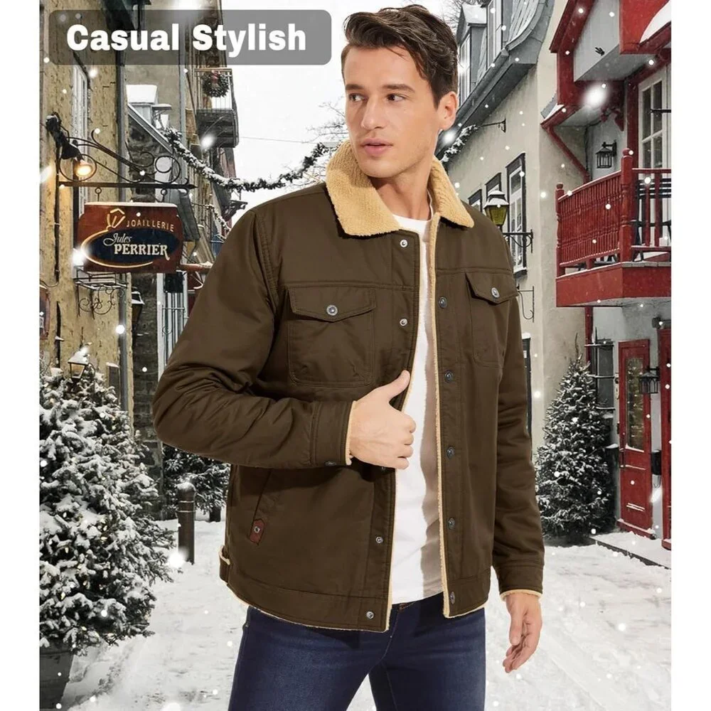 Men's Coffee Winter Thick Thermal Cotton Warm Fleece Lined Coat Cargo Jackets